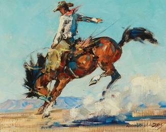 11
Marjorie Reed
1915-1996
"Ride 'M Cowboy!"
Oil on canvas
Signed lower right with the alias: Harvey Day; titled along the canvas overlap, verso
8" H x 10" W
Estimate: $1,000 - $1,500