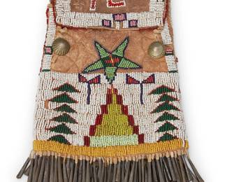 126
A Plains Beaded Leather Pouch
Late 19th/early 20th century; Great Plains
A re-purposed commercial leather hide belt bag, sinew-sewn with multicolor beaded geometric motifs, and with Navajo style buttons and a fringe of tin cone dangles/tinklers
9" H x 6.75" W; fringe: 1.5" H approximately
Estimate: $1,000 - $1,500