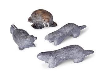 147
Four Inuit Carved Stone Animals
Four works:

John Ayek
(1938-1999, Inuit)
A carved stone walrus figure with bone tusks, mid-20th century
Signed to underside: J Ayek
1.875" H x 2.875" W x 4.625" D

A carved stone seal pup figure, mid-20th century
Signed to underside: Melvin K.
1.5" H x 4.5" W x 1.875" D

Two carved stone sea otters figures, mid-20th century
Each signed to underside possibly reading: Ganik Gahanwe; further marked with various numbers and letters
2 pieces
Each: 1.625" H x 6.125" W x 1.25" D

4 pieces total
Estimate: $200 - $400
