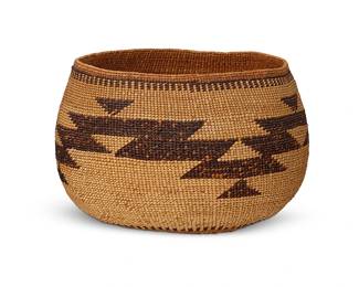 200
A Hupa/Yurok/Karuk Basket
Early/mid-20th century; Northern California
A twined basketry bowl with a stepped sawtooth imbricated banded motif
4.5" H x 6.5-7" Dia.
Estimate: $400 - $600