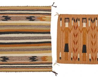253
Two Small Navajo Textiles
Mid/late 20th century, Diné
Comprising a small Yei pictorial weaving in tan, black, cream and ochre wool depicting three standing figures with feathers (23" H x 27" W), together with a banded saddle blanket woven in black, cream, grey, ochre, and pale green wool (31.25" H x 31.5" W), 2 pieces
Estimate: $200 - $400