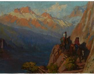 21
Arthur William Best
1859-1935
Native Americans Crossing The Mountains On Horseback
Oil on canvas laid to board
Signed lower right: A W Best
13" H x 19" W
Estimate: $1,000 - $1,500