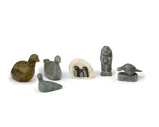 143
A Group Of Carved Stone Animals
6 works:

Alvin Kayouktuk
(1934-1997, Iñupiaq; Alaska)
A carved stone bird figure, mid/late 20th century
Incised signature to underside: Kayouktuk
3.25" H x 5.5" W x 2" D

A carved standing figure, mid/late 20th century
Incised to underside: Leew Wei 171658
The figure depicted holding a bundle
4" H x 1.5" W x 2" D

Three carved birds, 20th century
One marked to underside: Ganik Gahanwe / 10-SN-57-50; two signed syllabically to undersides; one dated: 1976
Comprising three carved stone birds, one mounted to stone stand
Largest: 3.875" H x 5.25" W x 2.125" D; smallest: 2.325" H x 3" W x 2.875"D
3 pieces

A carved scene of three penguins, 20th century
Unmarked
The carved stone penguins set into a white stone background

6 pieces total
Estimate: $200 - $400
