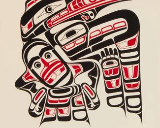64
Richard Hunt
b. 1951
"Kwa-Gulth Hok Hok," 1979
Screenprint in colors on ivory Teton paper
Edition: 313/600 (there was also an edition of 48 artist proofs, 23 remarques, and 2 printer proofs)
Signed, titled, dated, and numbered in pencil along the lower edge: Richard Hunt; Liza Anthony and Thomas Anthony, prntr.; Carol Sims, Artisan Prints, Victoria, B.C., Canada, pub.
Sight: 17.5" H x 17" W
Estimate: $200 - $300