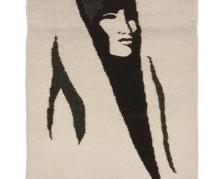 226
Irene Lopez (B. 20th Century)
A tapestry portrait of a woman, late 20th century; New Mexico
Signed in the weave verso: IL
A small wall hanging woven in cream, black, and grey wool with fringing to lower edge and a black fabric lining
26.5" H x 18" W; fringe: 3" L approximately
Estimate: $100 - $200