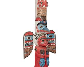 150
A Northwest Coast-Style Polychrome Totem
Mid/late 20th century
Appears unmarked
A two section carved wood sculpture with polychrome painted details of multiple various figures including a blue and red bird with detachable wings atop a red masked human figure holding fish, 4 pieces
79.5" H x 32" W x 15.5" D approximately
Estimate: $800 - $1,200
