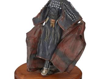 56
David Lemon
b. 1945
"Walking With The Wind"
Patinated and cold-painted bronze of a rotating wood base
Edition: 4/30
Signed and numbered in the casting: Lemon © AICA; titled and attributed to front plaque
13" H x 8.5" W x 8.25" D
Estimate: $700 - $900