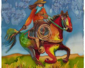 15
Nancy Cawdrey
b.1948
"Glenna Shey And Rainbow Girl"
Mixed media on silk over mat board
Signed lower left: Nancy Cawdrey; titled in pen on the frame's backing paper
12" H x 12" W
Estimate: $700 - $900