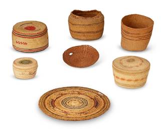 77
A Group Of Northwest Coast Baskets
Early/mid-20th century, Nuu-chah-nulth (Nootka), Makah, Tlingit; Pacific Northwest Coast
Seven twined basketry items comprising a polychrome Tlingit twined "berry" bowl/cup with imbricated banding (3.5" H x 3.75" Dia.), a polychrome Nootka twined tray with figural motifs and narrow banding (7" Dia.), three polychrome Makah/Nootka lidded baskets (largest: 2.5" H x 4" Dia.; smallest: 1.5" H x 2.625" Dia.), a Makah/Nootka basket lacking a lid, (3" H x 4" Dia.), and a Northwest Coast twined basket lid/mat or miniature winnowing tray (0.75" H x 4" Dia.), 7 pieces
Estimate: $400 - $600