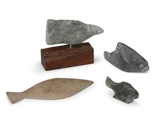144
A Group Of Inuit Carved Stone Animal Figures
Mid/late 20th century
Flounder marked: EVAGLOK [possibly for Alice Evaglok (b. 1917, Inuit; Coppermine/Kugluktuk)]; one incised illegibly to underside; one marked 1662
Comprising four stone fish, one mounted on a wood base, 4 pieces
Mounted fish: 4.25" H x 5" W x 1.5" D; smallest: 1.325" H x 3.5" W x 0.875" D
Estimate: $300 - $500