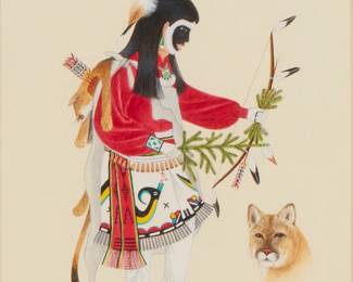 106
Virgil Vigil
20th century, Tesuque Pueblo
"Mountain Lion," 2004
Gouache and ink on cream-colored paper
Signed and dated in ink lower right: Virgil Vigil ©; signed again, titled, and inscribed in blue pen on the frame's backing paper: Tesuque Pueblo
Sight: 9.5" H x 7.5" W
Estimate: $200 - $300