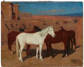 209
Late 19th/Early 20th Century American School
Horses and Taos pueblo
Oil on canvas
Indistinctly signed and dated [possibly 1902] in the lower right corner
12.5" H x 16" W
Estimate: $400 - $600