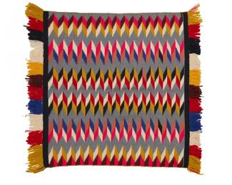 172
A Navajo "Sunday" Saddle Blanket
Mid- 20th century, Diné
Woven in grey, cream, blue, yellow, pink, brown and black wool in multiple zigzag columns with looped yarn fringe to two sides
34" H x 37.5" W; fringe: 3" H approximately
Estimate: $500 - $700