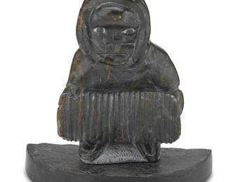 91
Johnny Inukpuk
1911-2007, Inuit; Port Harrison/Inukjuak
Accordion Player, Circa 1999
Stone
Appears unsigned
11" H x 10" W x 4.75" D
Estimate: $400 - $600