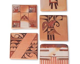 183
Five Hopi Pueblo Yellowware Pottery Tiles
Five works:

Sadie Adams (1905-1995, Hopi-Tewa)
Two polychrome pottery tiles, mid-late 20th century
Each three-color yellowware tile depicting a parrot
Largest: 4.325" H x 4.5" W

Lorna Lomakema (b. 1930, Hopi-Tewa)
A polychrome pottery tile, mid/late 20th century
Signed to underside: Lorna Lomakema
The tile with opposed three-color geometric motifs
4.25" H x 4.25" W

Darlene Nampeyo (b. 1956, Hopi-Tewa)
A polychrome pottery tile, late 20th century
Incised signature to underside: Darlene Nampeyo [corn cipher]
The three-color tile depicting a kachina-style face with arms
4.75" H x 4.25" W

Rachel Sahmie Nampeyo (1956-2022, Hopi-Tewa)
A polychrome pottery tile, late 20th/early 21st century
Signed to underside: R Sahmie Nampeyo
The three-color tile with nine graphic squares, four corner panels painted with geometric motifs and a central panel depicting a moth figure
4.25" H x 4" W

5 pieces
Estimate: $400 - $600