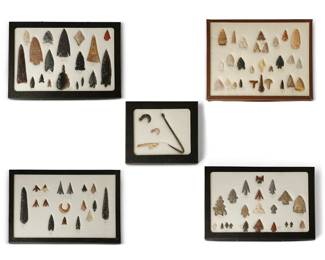 290
A Group Of Stone Points
Pre-historic or later
Comprising five trays of various points of differing stones, shapes and sizes, including arrowheads, points, and hooks, from various regions including Nevada, Oregon, Utah, Oklahoma, Colorado, New Mexico, Arizona, and California, 89 pieces approximately
Largest: 4.25" H; smallest: 0.625" H
Estimate: $200 - $400