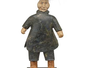 90
Joseph Shuqslak
b. 1958, Inuit; Gjoa Haven/Uqsuqtuuq
Carved Standing Figure, Circa 1991
Stone, whalebone, and fur on bronze base
Appears unsigned
Figure: 21.5" H x 10.75" W x 5" D; Base: 1.125" H x 8" W x 8" D
Estimate: $1,000 - $1,500