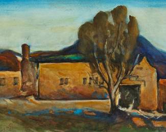 283
Arthur Haddock
1895-1980
Adobe In A Landscape, 1976
Watercolor on paper
Signed, dated, inscribed, and with the artist's device, all lower right: Arthur Haddock / Feb. 15 / #1134
Sight: 10.5" H x 14.5" W
Estimate: $400 - $600