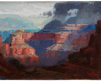 20
Arthur William Best
1859-1935
"Grand Canyon," Circa 1925
Oil on canvas laid to board
Signed lower right: A W Best; signed again, titled, and inscribed in pencil faintly, verso: 4270 Piedmont Ave. / Oakland
10" H x 14" W
Estimate: $2,000 - $3,000