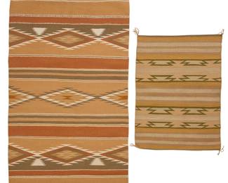 250
Two Navajo Wide Ruins Textiles
Mid/late 20th century, Diné
Comprising a large Wide Ruins/Pine Springs textile woven by Anna Ashley (b. 20th century, Diné) in tan, ochre, cream and terra cotta wool with alternating striped banding and sawtooth diamond banding (60" H x 38" W), together with a smaller Wide Ruins textile woven in beige, cream, yellow and green wool with alternating geometric, striped and ticked banding (35.5" H x 26" W), 2 pieces
Estimate: $300 - $500