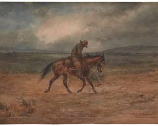 5
Herman W. Hansen
1854-1924
"Approaching Storm"
Watercolor on paper laid to artist's board
Signed lower right: H. W. Hansen; titled in pencil and with a small artist's paper inventory label inscribed 613 affixed, verso
13.875" H x 19.75" W
Estimate: $3,000 - $5,000