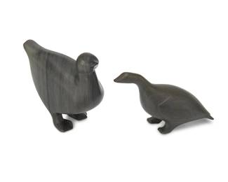 145
Paul Kavik
b. 1948, Inuit; Belcher Islands/Sanikiluaq
Two Carved Birds
Stone
One signed: Paul K / 171; one appears unsigned, with two applied stickers to underside: Canadian Eskimo art / Hudson's Bay Company / 9 / WHU
2 pieces
Larger: 4.625" H x 5" W x 2.75" D; smaller: 3.5" H x 5.75" W x 2.25" D
Estimate: $100 - $200