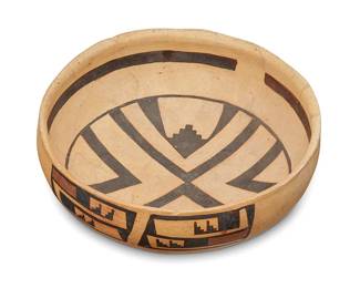 178
A Hopi Jeditto Pottery Bowl
Pre-1500 AD
Unmarked
Possibly early Sikyatki, the ceramic bowl with polychrome glyph triangle motif to the interior and a geometric motif to exterior side
3" H x 8.25" Dia.
Estimate: $200 - $400