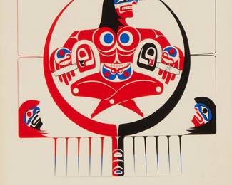 66
Patrick Amos
b. 1957, Nuu-chah-nulth
"West Coast Bone Game," 1979
Screenprint in colors on Strathmore paper
Edition: 532/600 (there was also an edition of 59 artist proofs)
Signed, titled, and numbered in pencil along the lower margin; Crest Screen, Victoria, B.C., Canada, prntr.; Artisan Prints, Victoria, B.C., Canada, pub.
Image: 11.25" H x 11.875" W; Sight: 15" H x 14.125" W
Estimate: $500 - $700