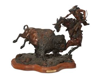 48
David Lemon
b. 1945
"Out Of Arrows"
Patinated bronze on a wood plinth
Edition: 28/35
Signed and numbered in the casting: Lemon ©; Titled and attributed to front plaque
21.5" H x 28.5" W x 17" D
Estimate: $1,500 - $2,500