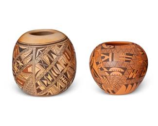 314
Two Hopi Pueblo Pottery Jars
Two works:

Verla Dewakuku (b. 1932, Hopi)
A black on red pottery bowl, late 20th century
Signed to underside: V. Dewakuku
The bowl with all-over geometric motif
4" H x 4.325" Dia.

Ella Mae Talashif (b. 20th century, Hopi)
A polychrome pottery jar, late 20th century
Signed to underside: Ella Mae Talashif / Waipi Village
The three-color jar with all-over geometric motif
4.75" H x 4.875" Dia.

2 pieces
Estimate: $200 - $400