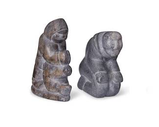 141
Two Inuit Carved Stone Figures
Two works:

Daniel Kasudluak
(b. 1925, Inuit; Port Harrison/Inukjuak)
Carved stone figures of adult with seal pup, mid-late 20th century
Signed syllabically to underside; further marked with artist's disc number: E9-1699
8" H x 5.75" W x 3.75" D

John I. Pullock
(b. 20th century, Inuit)
A carved stone kneeling male figure, 1970
Signed and dated to underside: John I. Pullock / 1970
7" H x 3" W x 6" D

2 pieces
Estimate: $300 - $500