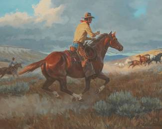 13
Nicholas S. Firfires
1917-1990
"Running Them In," 1970
Oil on canvas
Signed and dated lower right: Nicholas S. Firfires © CA [superimposed letters, indicating membership in Cowboy Artists of America]; titled on a label affixed to the stretcher
30" H x 44" W
Estimate: $4,000 - $6,000