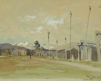 108
Jules Tavernier
1844-1889
"Village Indien," 1882
Watercolor on paper
Signed, titled, and dated in ink lower right: Jules Tavernier / 5 Julliet 82
Sight: 10.25" H x 14.5" W
Estimate: $2,000 - $3,000