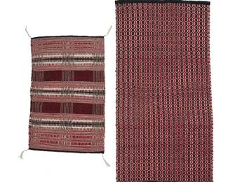 257
Two Navajo Saddle Blankets
Mid/late 20th century, Diné
Comprising a two-faced double weave saddle blanket woven in grey, red, cream and black wool by Victoria Davis (39" H x 24" W) and a double saddle blanket woven in red, black, and cream wool in a two-faced twill weave (61" H x 31" W), 2 pieces
Estimate: $200 - $400