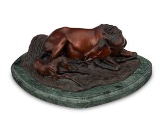 288
Dawn Hardy
b. 1959
Horse And Colt, 1987
Patinated bronze on a marble base
Edition: 22/25
Numbered, signed, and dated in the casting: © 87
Estimate: $300 - $500