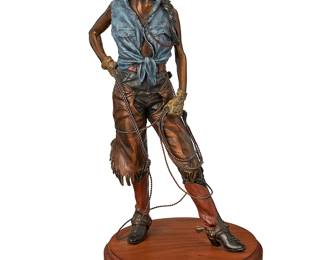 16
David Lemon
b. 1945
"Sassy"
Patinated and cold-painted bronze on a rotating wood base
Edition: 4/80
Signed and numbered in the casting: Lemon © AICA; titled and attributed to front plaque
20" H x 9.5" W x 11.5" D
Estimate: $1,500 - $2,500