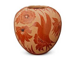 327
Helen Tafoya Henderson (B. 20th Century, Jemez Pueblo)
A diminutive jar, late 20th/early 21st century
Incised to underside: Henderson / Jemez Pue NM
The jar recto featuring sgraffito and painted floral and hummingbird motifs, the verso with deep carved linear design
3.625" H x 3.625" W x 3.125" D
Estimate: $100 - $200