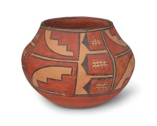 229
A Zia Pueblo Polychrome Pottery Jar
Early 20th century; New Mexico
Appears unmarked
The olla form jar with three-color geometric kiva and stepped motifs above a terracotta wash
5.125" H x 6.625" Dia.
Estimate: $200 - $400