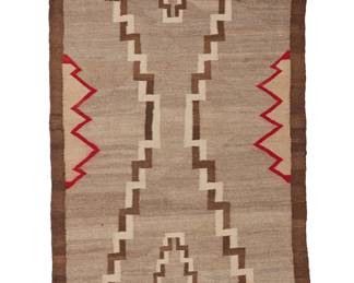 114
A Navajo Regional Rug
Early/mid-20th century, Diné
Woven in natural grey, cream, brown, and red wool with a central interlaced checkered X motif and floating stepped diamonds
69" H x 31" W
Estimate: $500 - $700