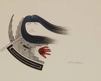 174
Charles Frederic Lovato
1937-1987, Santo Domingo
"Motifs And Man In Thought," 1977
Watercolor and ink on paperboard
Signed and dated lower right: CF Lovato; signed again, titled, and inscribed in ink on the frame's backing paper
Sight: 9" H x 15.5" W
Estimate: $400 - $600