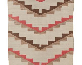 117
A Navajo Regional Rug
Early/mid-20th century, Diné
Woven in cream, natural grey, brown and red wool with a repeating stepped V motif
53" H x 29" W
Estimate: $300 - $500