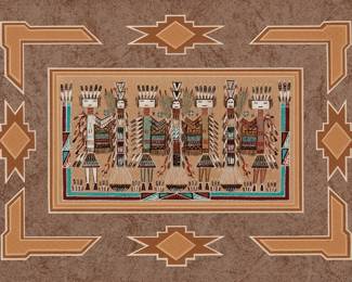 262
Rosie Yellowhair
b. 1950
"Feather Maiden Dancer"
Colored sand on board
Signed and titled in ink on the frame's backing paper: R. Yellowhair; titled again on an exhibition label affixed to the frame's backing paper
Sight: 3.875" H x 6.875" W
Estimate: $200 - $400