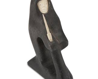 99
Matiusie Iyaituk
b. 1950, Inuit; Ivujivik
Carved Figure With Inset Face And Knife
Stone, bone, and caribou antler
Marked syllabically; further marked: EA / © / 3-1; further marked with stickers: I-16803 / 195 / [partially illegible] / 3-16085 / Matthew Iyaituk / Canada eskimo art esquimau / [graphic of figure building igloo] / 3
5.25" H x 2" W x 4.25" D
Estimate: $200 - $300