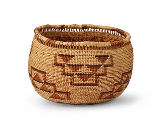 203
A Small Polychrome Hupa/Yurok/Karuk Basket
Early/mid-20th century; Northern California
A twined basketry bowl with floating stepped motifs with imbricated accents and openwork under rim
4.75" H x 6.5" Dia.
Estimate: $300 - $500