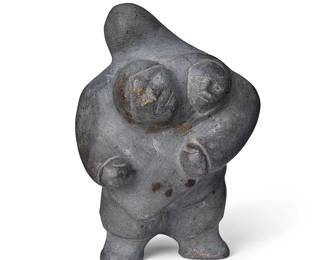 139
An Inuit Carved Stone Figural Sculpture
Mid-20th century
Signed syllabically to underside; further incised: 003C22
The abstract figure of a mother carrying her child
5" H x 3.5" W x 4.125" D
Estimate: $200 - $400