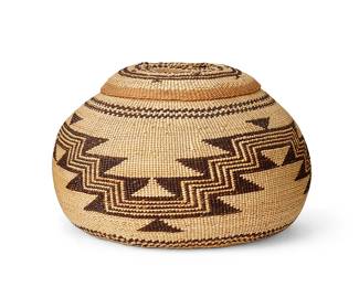195
A Polychrome Hupa/Yurok/Karuk Lidded Basket
Early/mid-20th century; Northern California
A twined lidded basketry bowl in a squat rounded shape with imbricated zigzag sawtooth banded motifs, 2 pieces
4.25" H x 6.5" Dia.
Estimate: $600 - $800