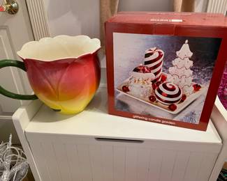 White bench with storage and decor