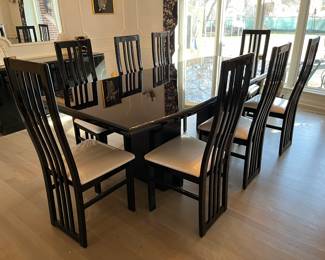 Gorgeous black lacquer dining table with 10 chairs by Millennium Furniture (shown with leaf)