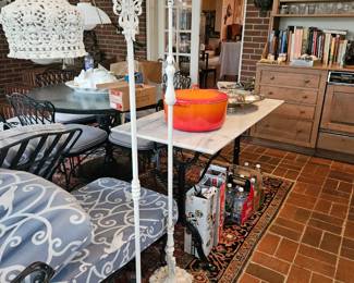 Cast iron floor lamps, marble top cast iron table