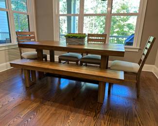 H1 - $575 - Kitchen Table measures 39" wide x 78" long x 30.5" tall.  4 chairs & Bench that measures 13" wide x 76" long x 18" tall. 